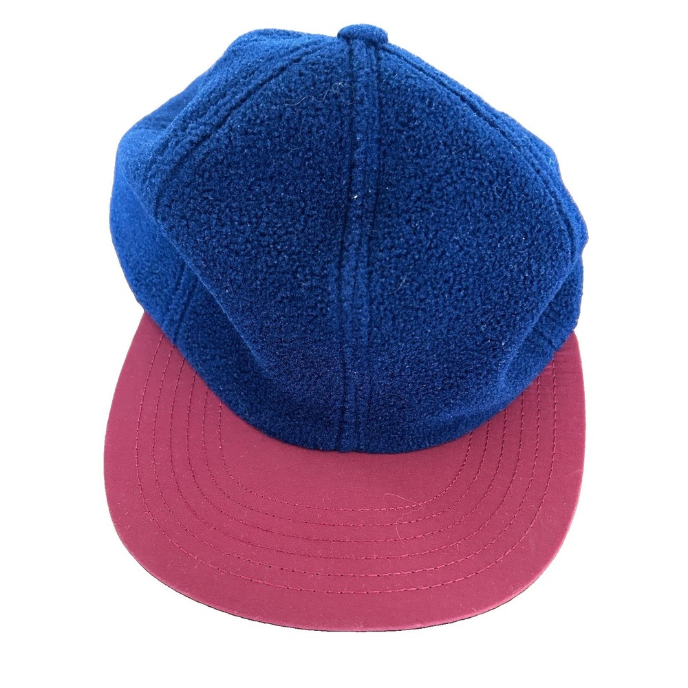 Vintage Lands End Fleece Baseball Hat Blue Red Adjustable One Size Made In USA